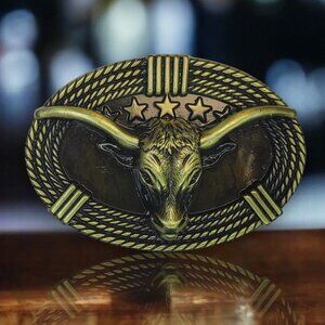 Western Style Bronze Finish Long Horn Unisex Belt Buckle